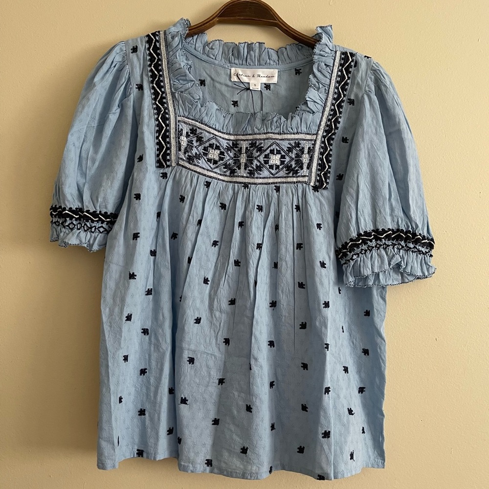NWT Chelsea & Theodore Boho Blue Embroidered Top